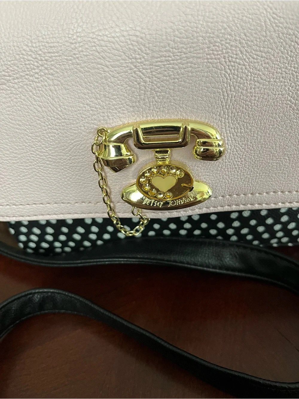 Betsey Johnson Pink, Black and White Polka Dot Crossbody Bag with Gold Hardware
